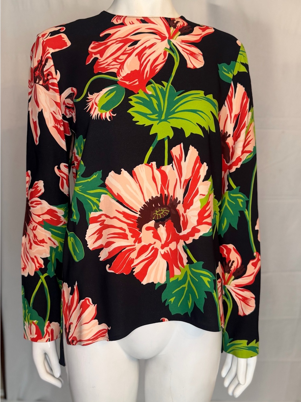 Stella McCartney Black Long-Sleeve Blouse with Red & Green Floral Print
